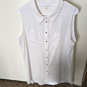 Calvin Klein Women's Sleeveless White Blouse With Side Slits & Gold Tone Buttons